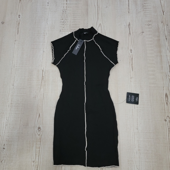 Lulu's Cool Vibe Black Ribbed Short Sleeve Mock Neck Mini Dress with White Trim - Picture 3 of 8